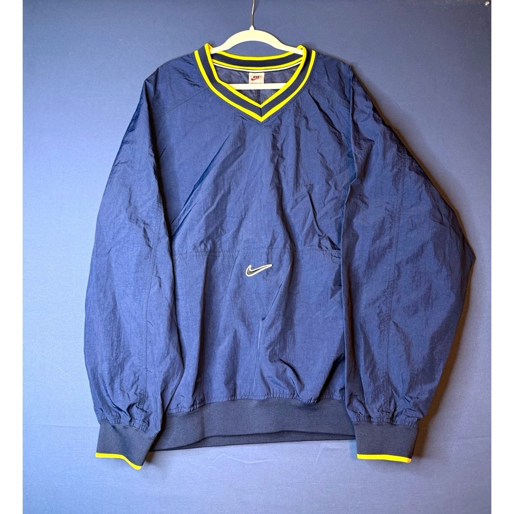Vintage Nike XXL 2XL Navy Blue Yellow V-Neck Windbreaker Pullover Center Swoosh